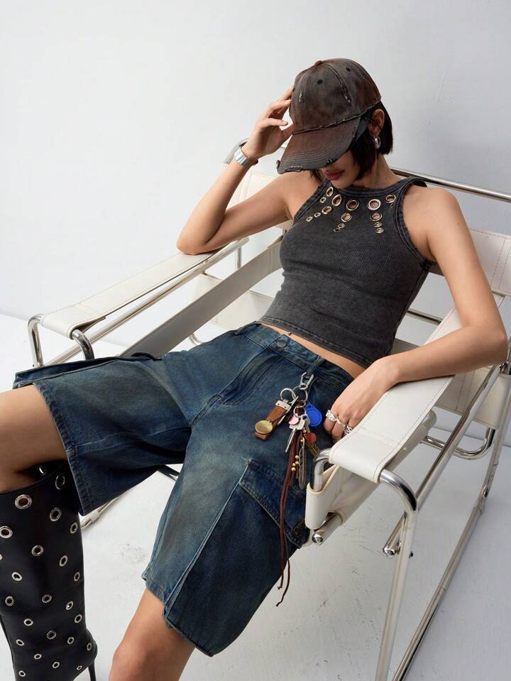 CM-BS497784 Women Casual Seoul Style Washed Drop Waist Denim Cargo Shorts - Blue
