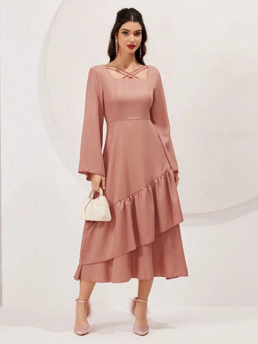 CM-DS155455 Women Elegant Seoul Style V-Neck Bell Sleeve Ruffle Hem A-Line Dress - Pink