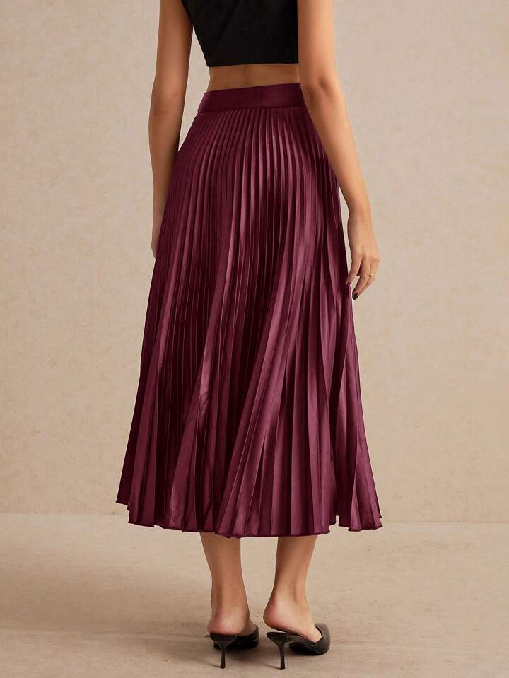 CM-BS018238 Women Elegant Seoul Style High Waist Solid Pleated Skirt - Burgundy
