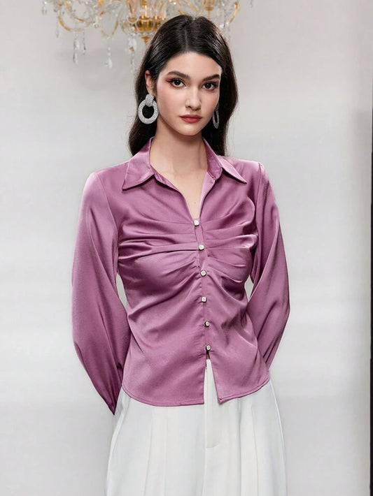 CM-TS958950 Women Casual Seoul Style Solid Color Button Detail Pleated Shirt - Mauve Purple