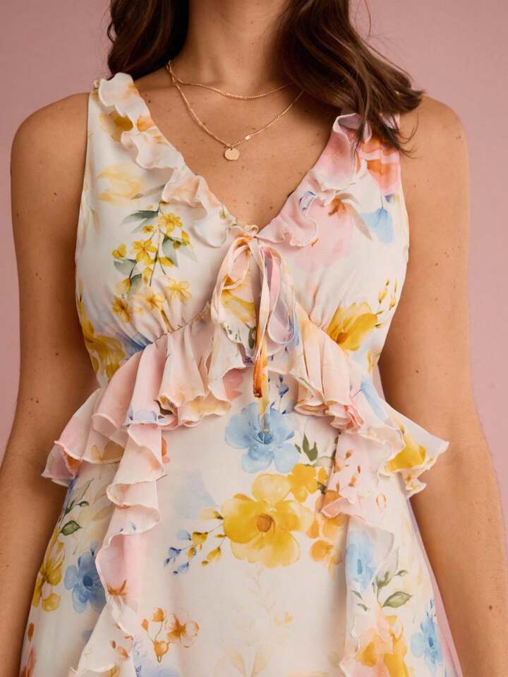 CM-DS419967 Women Trendy Bohemian Style Floral Print V-Neck Ruffle Trim Sleeveless Maxi Dress