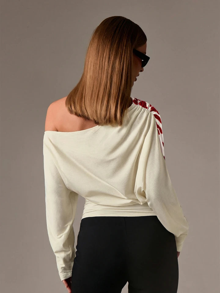 CM-TS877680 Women Casual Seoul Style Floral Pattern Design Long Sleeve Asymmetrical Off Shoulder Blouse