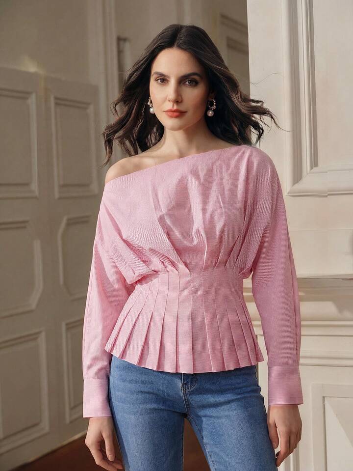 CM-TS377827 Women Elegant Seoul Style Pleated Asymmetric Shoulder Striped Long Sleeve Top - Pink