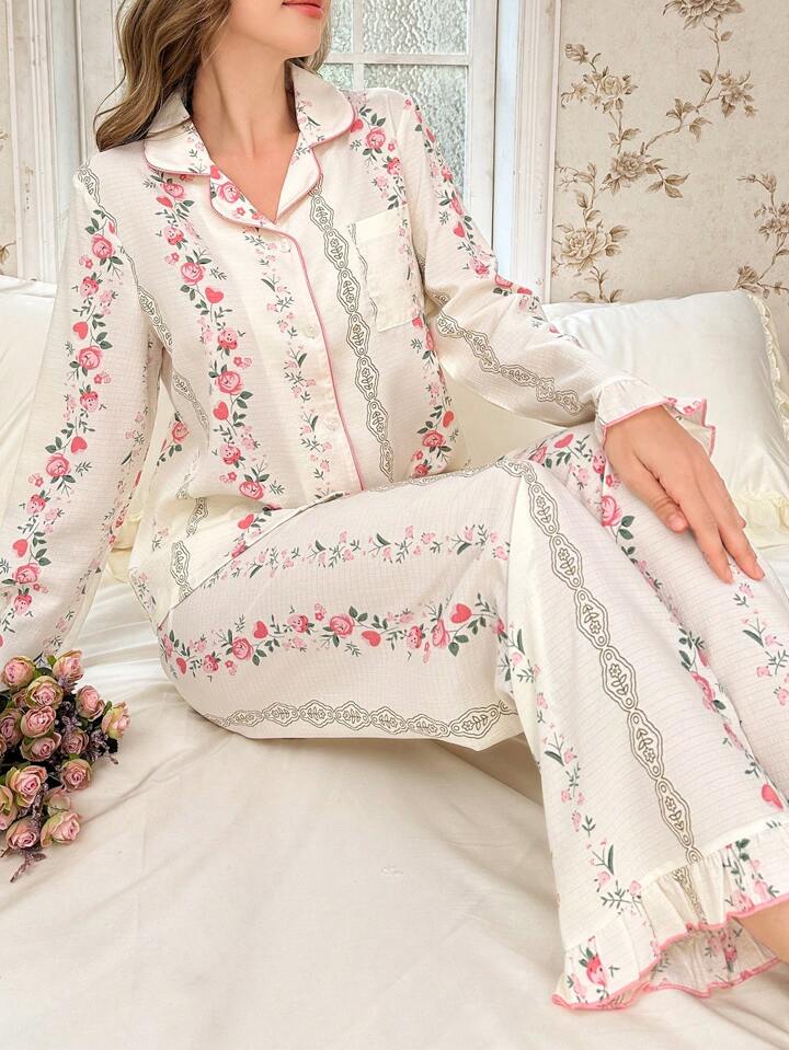 CM-LS126613 Women Trendy Seoul Style Ruffled Collar Open Front Bubble Texture Printed Pajama Set