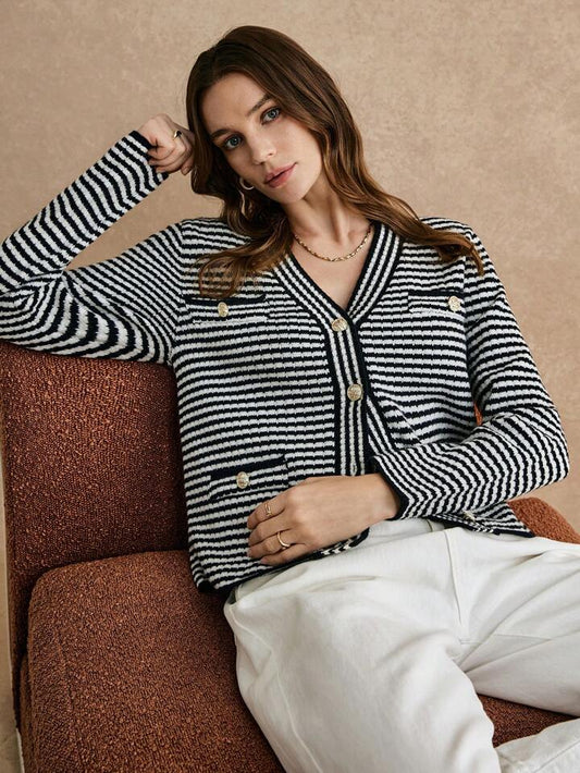 CM-CS994114 Women Casual Seoul Style Stripes V-Neck Long Sleeve Sweater Cardigans