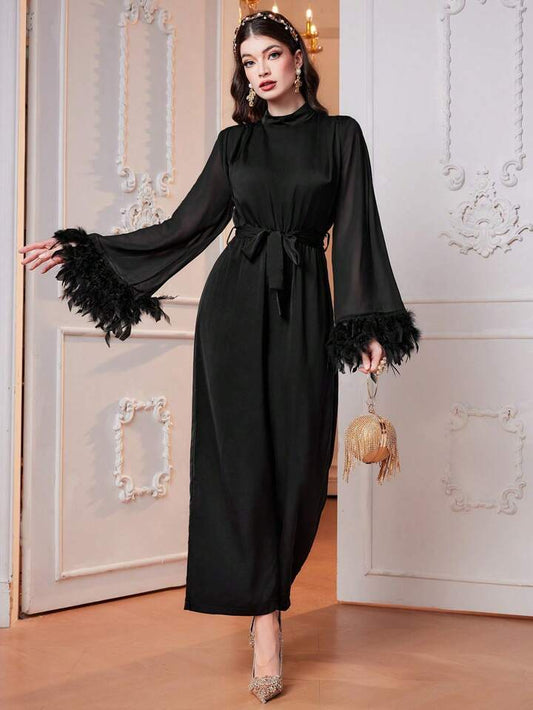 CM-JS993712 Women Elegant Seoul Style Stand Collar Fuzzy Fabric Flared Sleeve Jumpsuit - Black