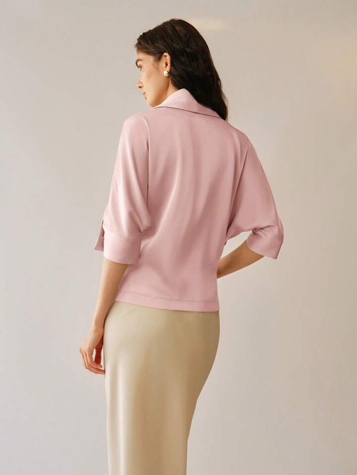 CM-TS548202 Women Elegant Seoul Style Waterfull Neckline Twill Lapel Twist Batwing Sleeve Blouse - Dusty Pink