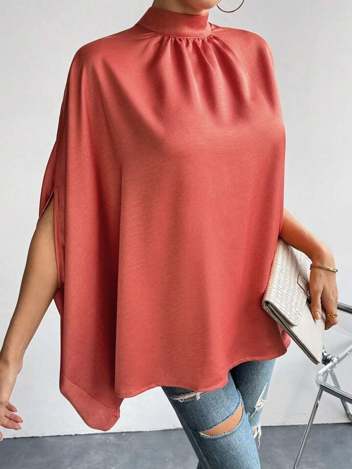 CM-TS713863 Women Casual Seoul Style Stand Collar Tie Back Batwing Sleeve Shirt - Rose Red