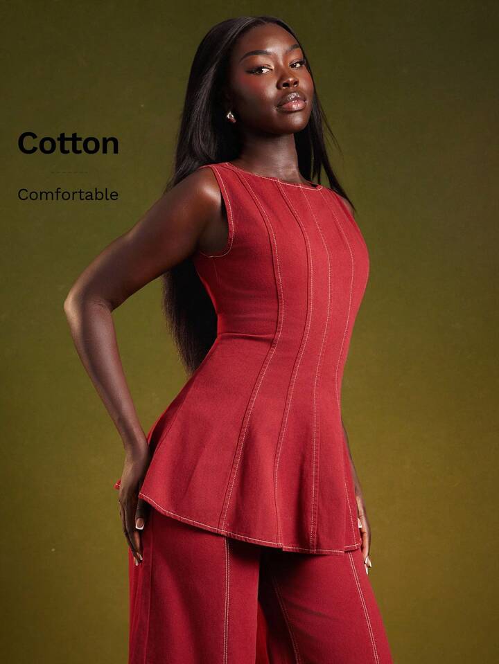 CM-TS300819 Women Casual Seoul Style Round Neck Sleeveless Asymmetrical Fitted Denim Top - Red
