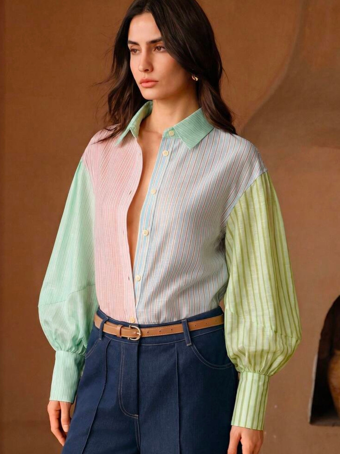CM-TS613303 Women Elegant Seoul Style Asymmetrical Patchwork Polo Collar Lantern Sleeve Striped Shirt