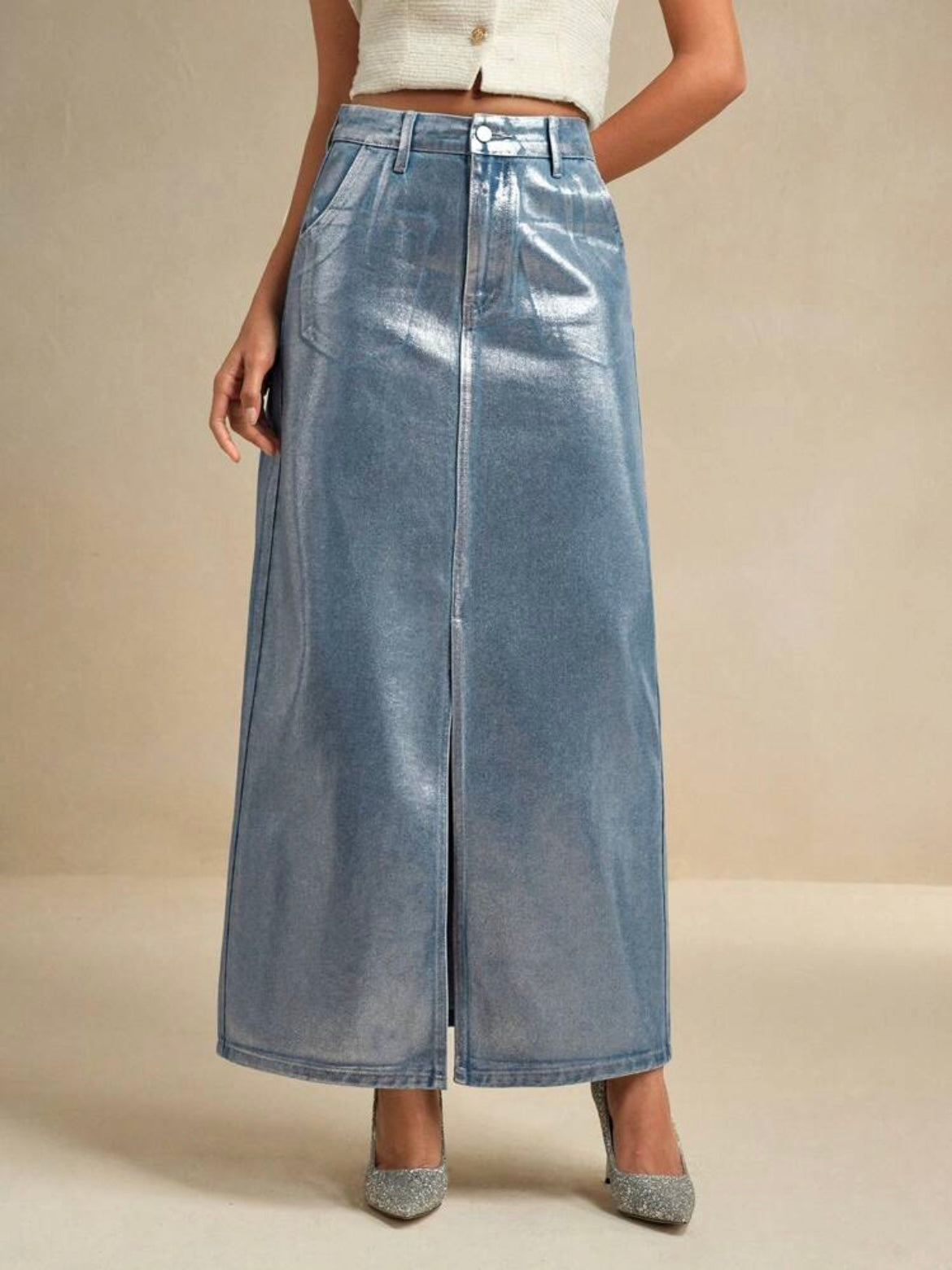 CM-BS400193 Women Casual Seoul Style Solid Color Pocketed Versatile Denim Maxi Skirt - Blue