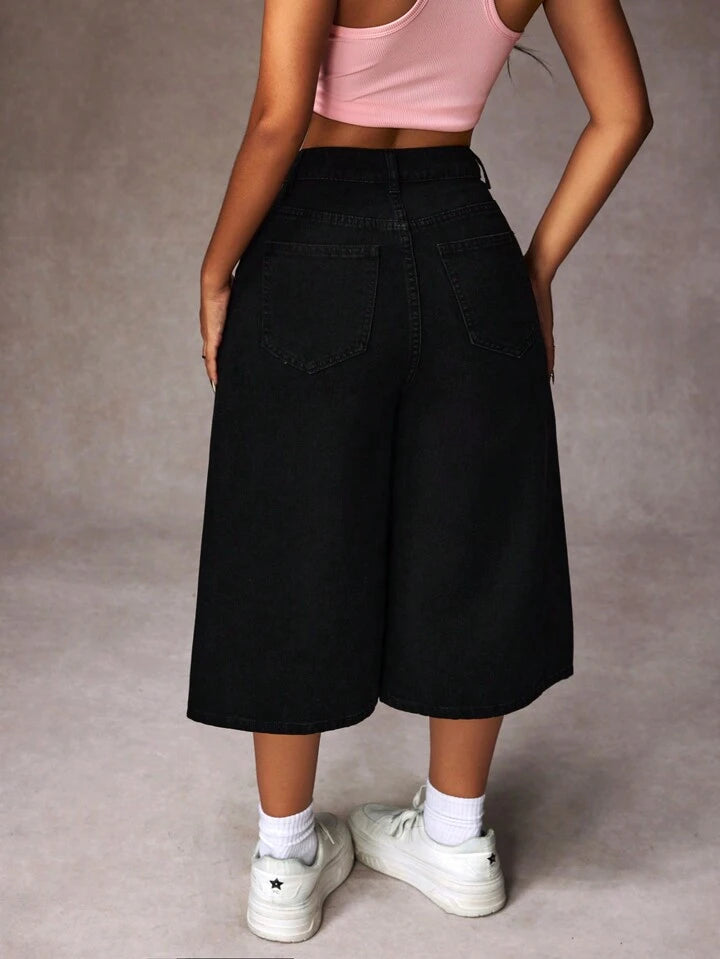 CM-BS596463 Women Casual Seoul Style Bow Tie Decor Color Block Pockets Loose Denim Jeans - Black