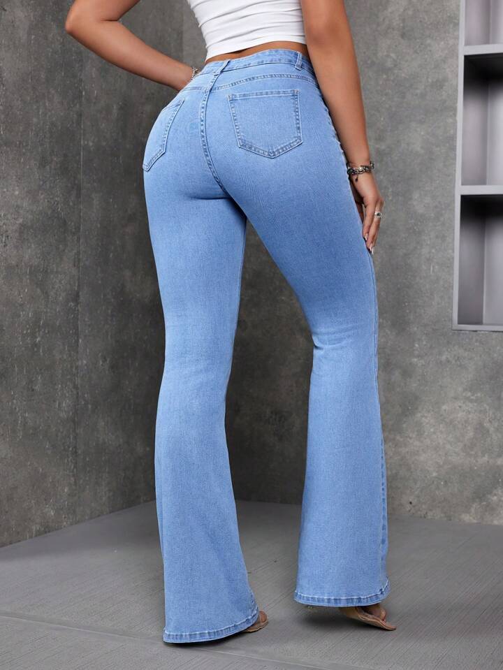 CM-BS068359 Women Preppy Seoul Style Medium Washed Denim Bell-Bottom Flare Leg Pants