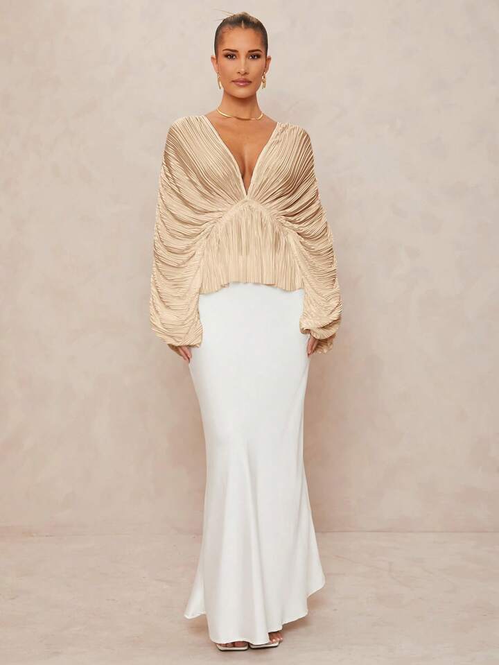 CM-TS261324 Women Elegant Seoul Style Deep V-Neck Long Sleeve Loose Fit Ruffled Hem  Oversized Blouse - Khaki