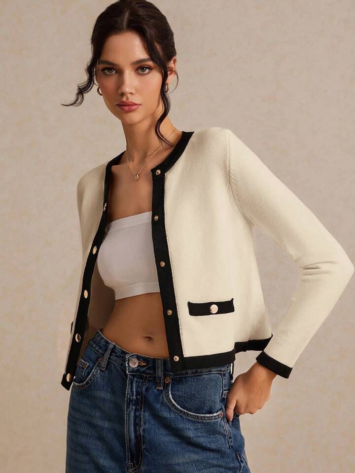 CM-CS885110 Women Casual Seoul Style Color Block Long Sleeve Trim Metal Button Front Knit Cardigan