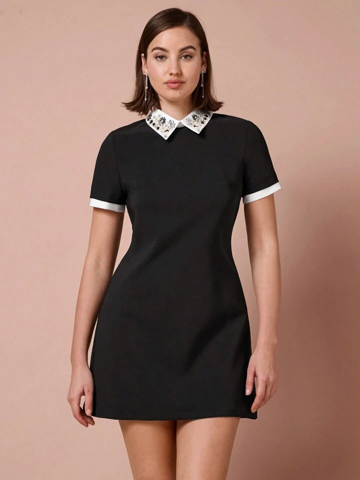 CM-DS235485 Women Elegant Seoul Style Pearl Rhinestone Decor Collar Short Sleeve A-Line Short Dress