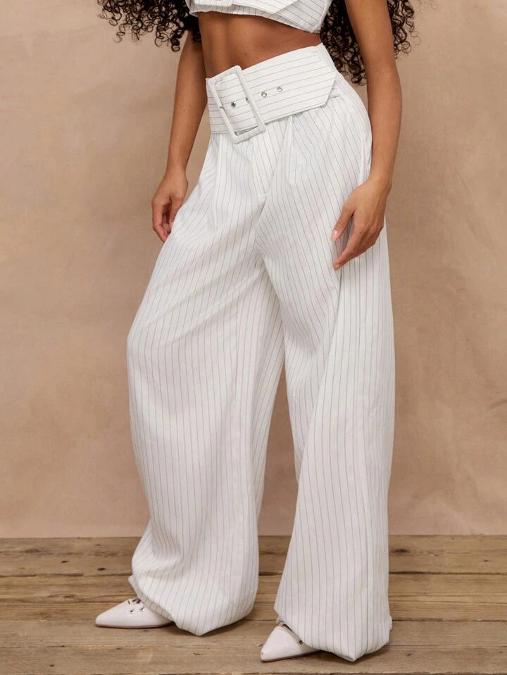 CM-BS418821 Women Casual Seoul Style Woven Stripe Belt Detail Wide Leg Trouser