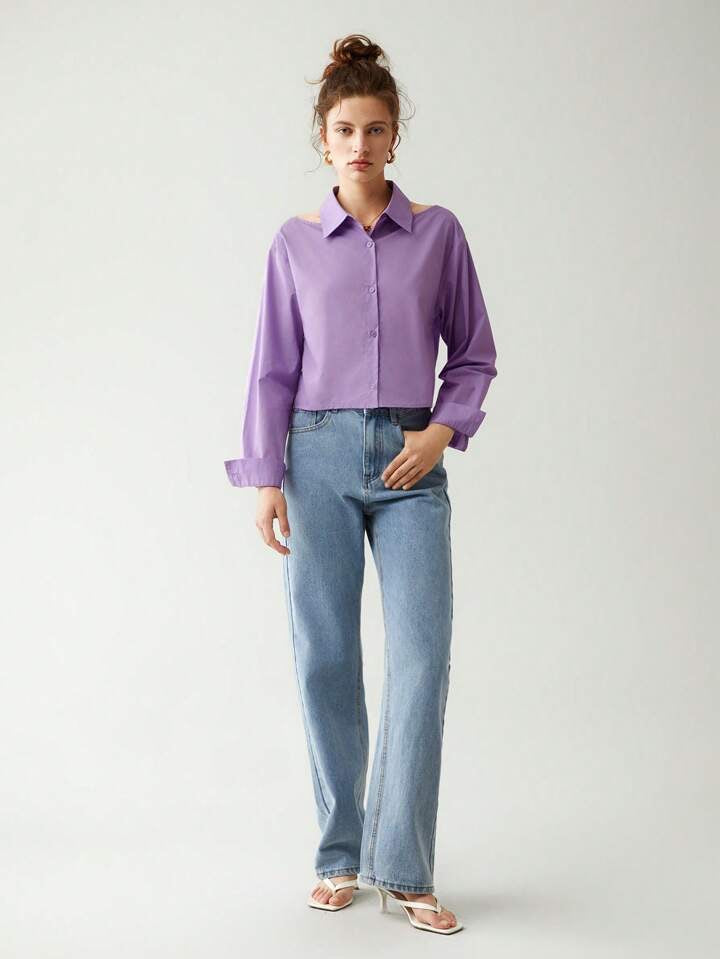 CM-TS048041 Women Casual Seoul Style Cut Out Shoulder Button Front Shirt - Purple