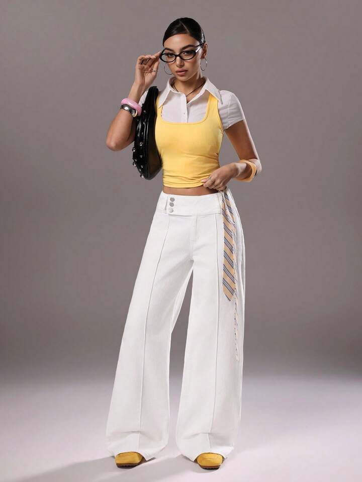 CM-BS569859 Women Casual Seoul Style Mid Waist Extra Long Wide Leg Denim Jeans - White