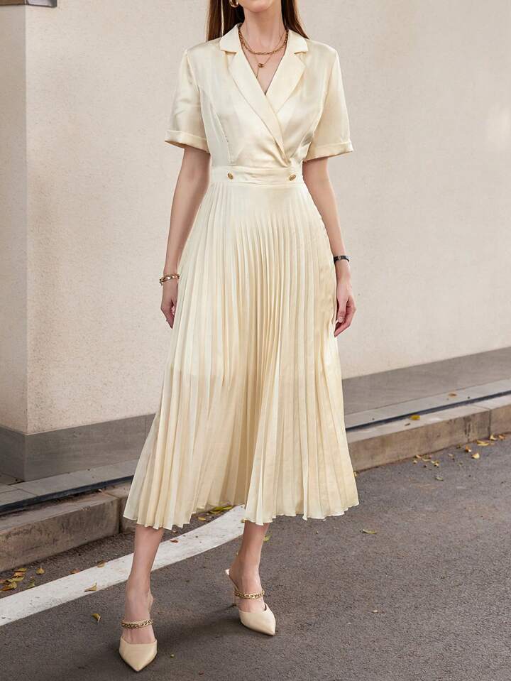 CM-DS944449 Women Elegant Seoul Style Notch Collar Short Sleeve Waist Belt Midi Dress - Champagne