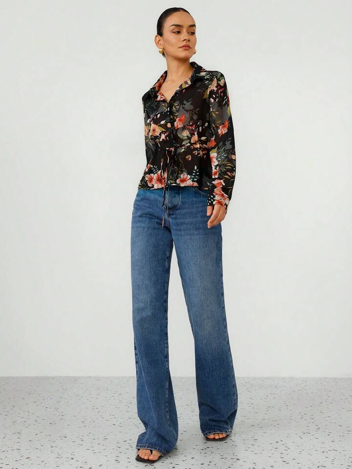CM-TS572213 Women Casual Seoul Style Lapel Neckline Chiffon All-Over Print Tie Waist Long Sleeve Shirt