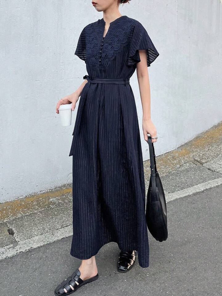 CM-DS034136 Women Elegant Seoul Style Notched Neckline Flounce Sleeve High Waist A-Line Dress - Navy Blue