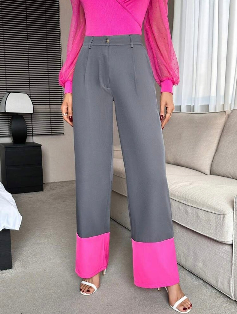 CM-BS600618 Women Elegant Seoul Style Colorblock Slant Pocket Suit Pants