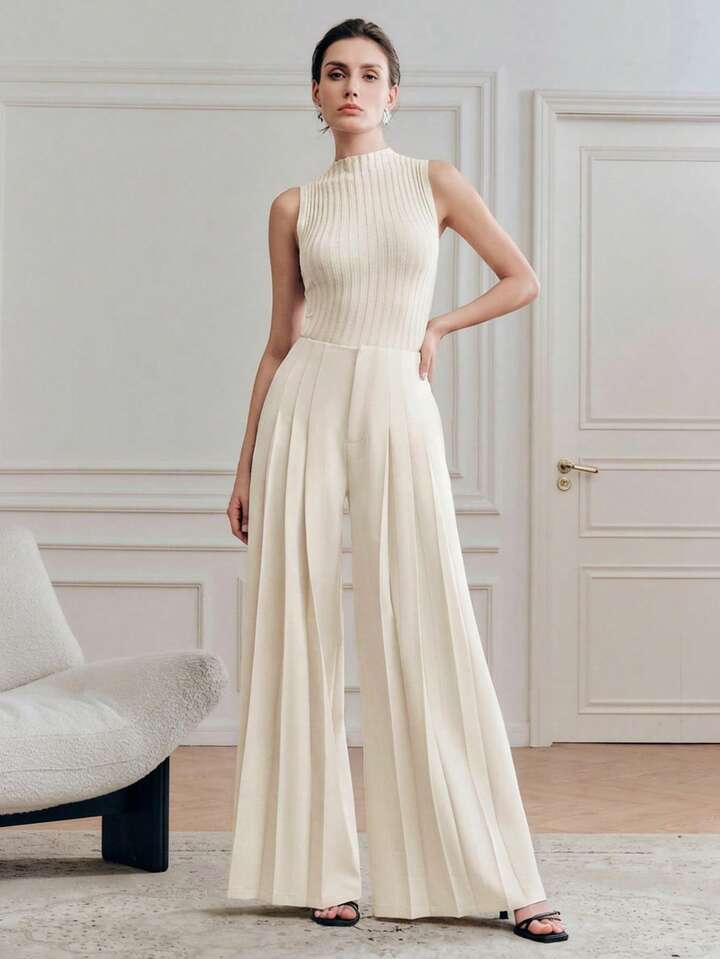 CM-BS083004 Women Elegant Seoul Style High Waist Loose Draping Wide Leg Pants - Apricot