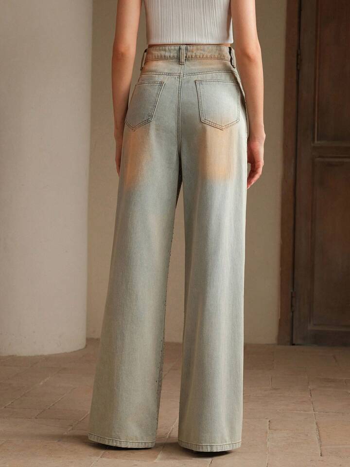 CM-BS298931 Women Casual Seoul Style Mid Waist Rhinestone Decor Floor-Length Denim Pants - Blue