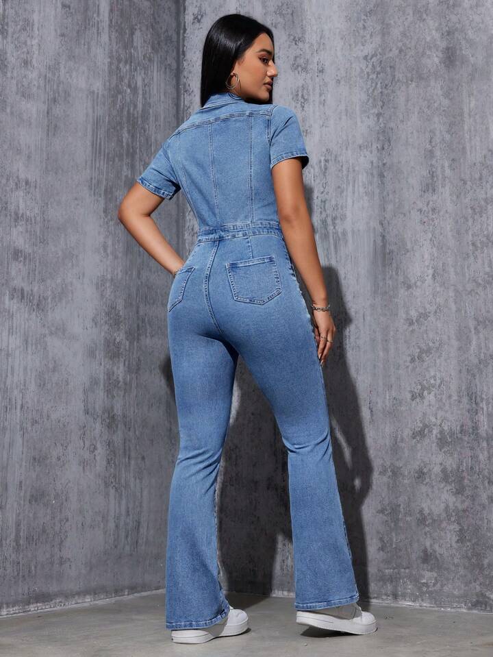 CM-JS187744 Women Casual Seoul Style Medium Wash Collar Neckline Button Fly Flared Legs Denim Jumpsuit