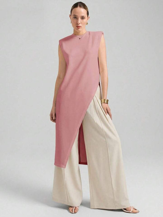 CM-TS641430 Women Casual Seoul Style Round Neck Wide Shoulder Sleeveless Asymmetric Hem Mid-Length Top - Pink