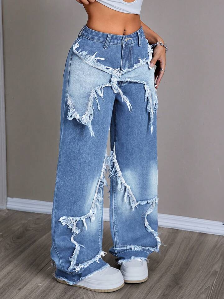 CM-BS141724 Women Casual Seoul Style Medium Wash Fringed Mom Fit Wide Leg Jeans