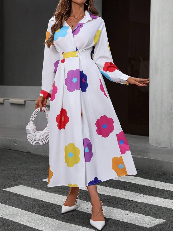 CM-DS799277 Women Casual Seoul Style Long Sleeve Shirt Collar Pleated Waist Floral Print Dress