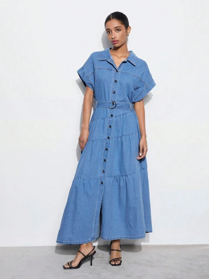 CM-DS583059 Women Casual Seoul Style Medium Wash Collar Neckline Batwing Sleeve Loose Denim Dress