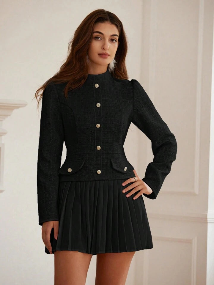CM-DS651755 Women Elegant Seoul Style Waist Cinching Slimming Textured Patchwork Pleated Dress - Black