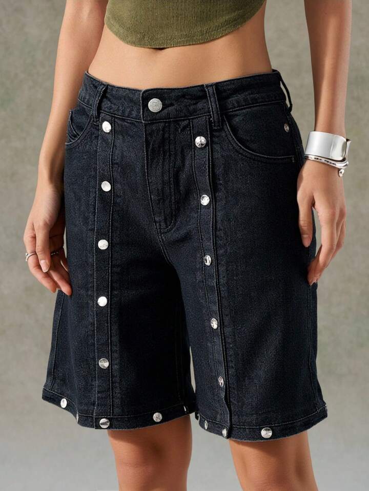 CM-BS253496 Women Casual Seoul Style Low Waist Button Pocket Straight Leg Denim Shorts - Black
