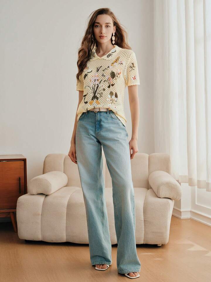 CM-TS343410 Women Casual Seoul Style Embroidered Hollow Out Collar Neckline Short Sleeve Knit Top