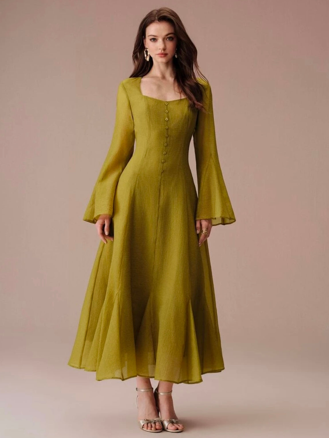 CM-DS291710 Women Elegant Seoul Style Pleated Waist-Cinching Front Button Flared A-Line Ruffle Hem Long Dress
