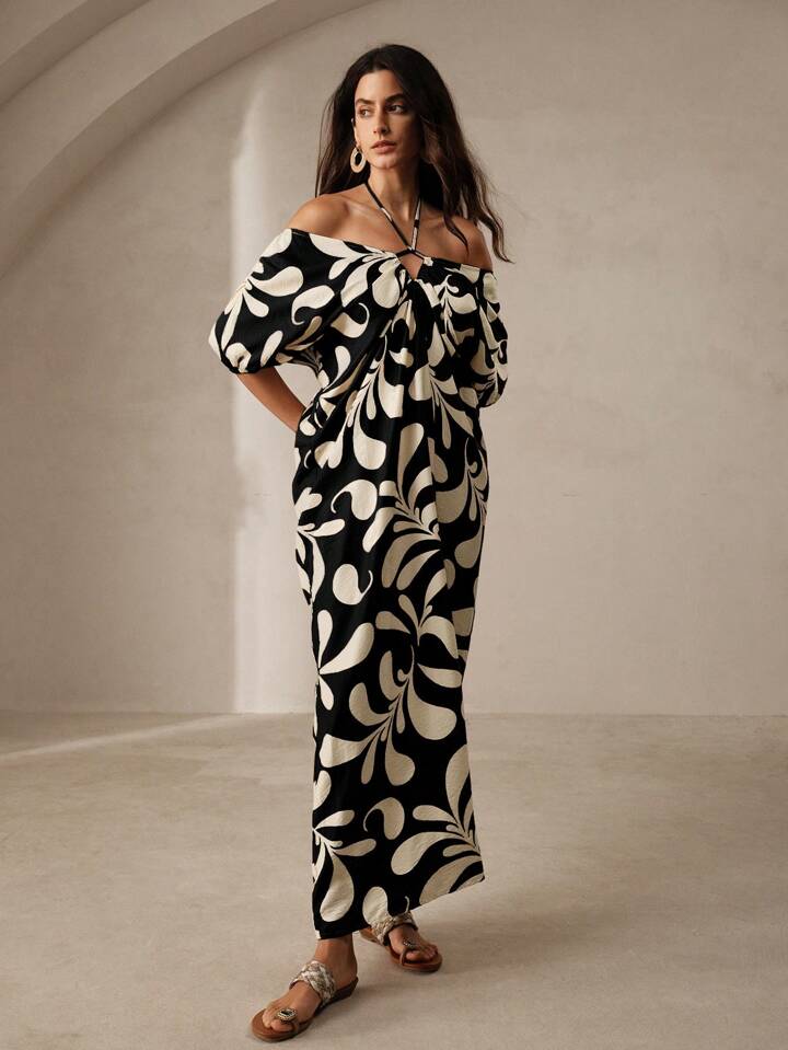 CM-DS248226 Women Trendy Bohemian Style Printed Pleated Backless Maxi Dress - Black