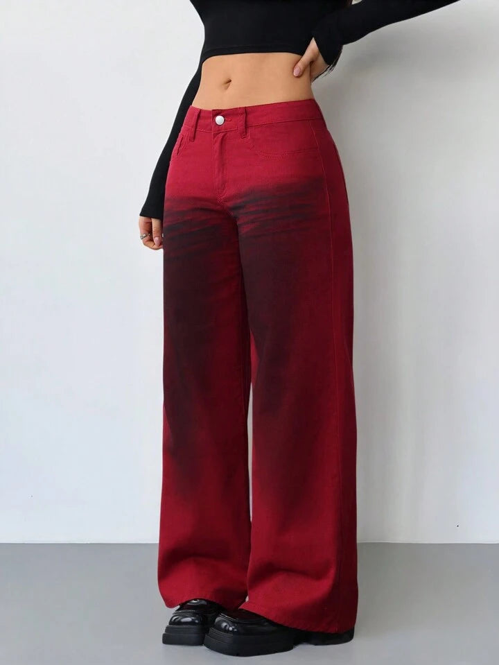 CM-BS522457 Women Casual Seoul Style Low Rise Jeans Dirty Vintage Wide Leg Jeans - Burgundy