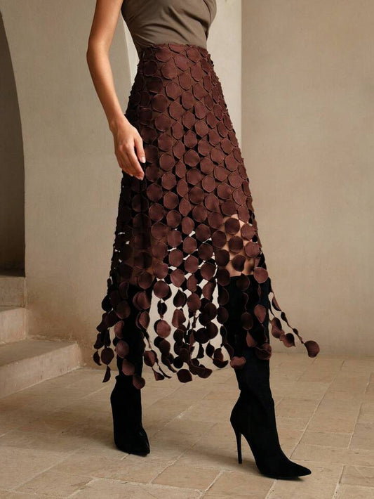 CM-BS476127 Women Trendy Bohemian Style Laser Cut Multi Circle Double Layered Maxi Skirt - Brown