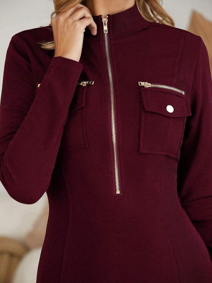 CM-DS554441 Women Elegant Seoul Style Stand Collar Zip Front Flap Pocket Dress - Burgundy