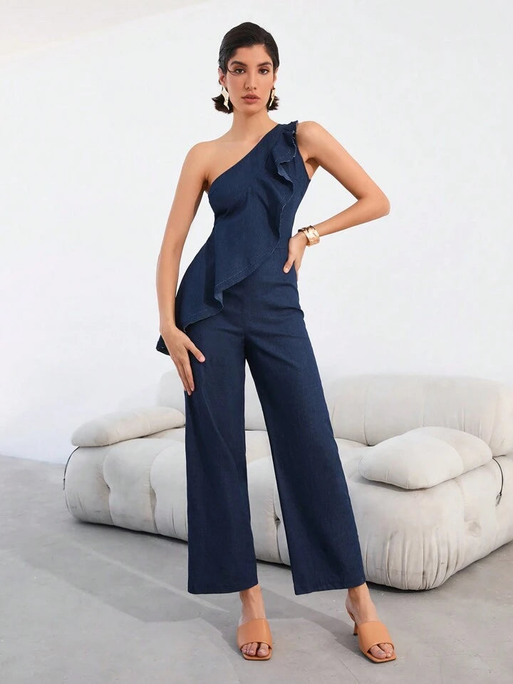 CM-JS438300 Women Elegant Seoul Style Ruffle Trim One Shoulder Sleeveless Jumpsuit