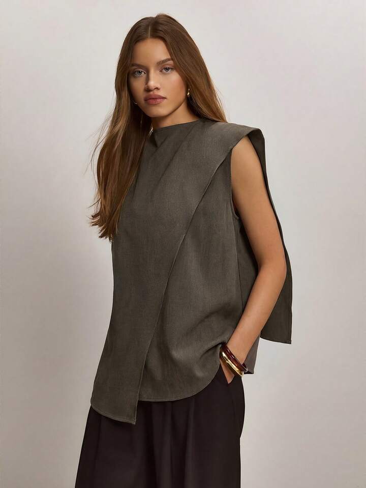CM-TS980762 Women Elegant Seoul Style Stand Collar Sleeveless Asymmetric Hem Loose Blouse - Dark Green