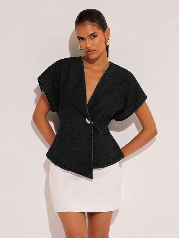 CM-TS592827 Women Casual Seoul Style Single-Button V-Neck Batwing Sleeve Denim Blouse - Black