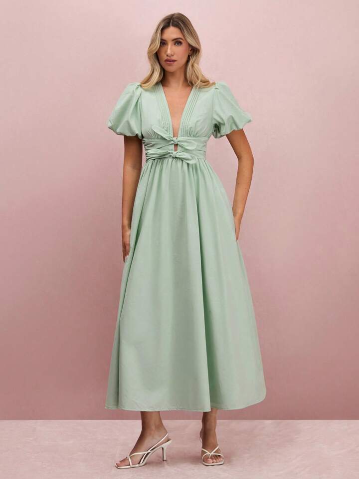 CM-DS406945 Women Elegant Seoul Style Pleated V-Neck Puff Sleeve Bowknot Maxi Dress - Mint Green