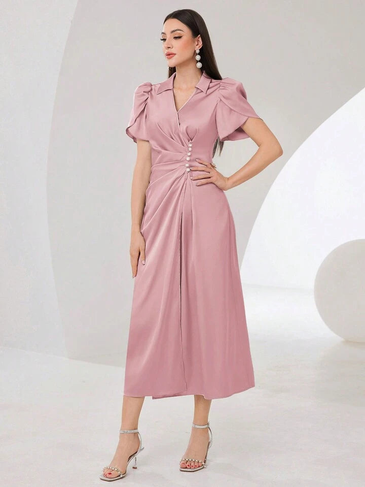 CM-DS447973 Women Elegant Seoul Style Lapel Collar Long Puff Sleeve Ruched A-Line Dress - Pink