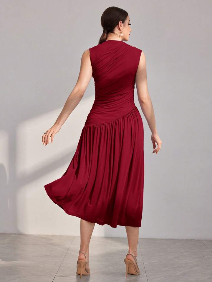 CM-DS858894 Women Elegant Seoul Style Stand Collar Pleated Sleeveless Dress - Burgundy