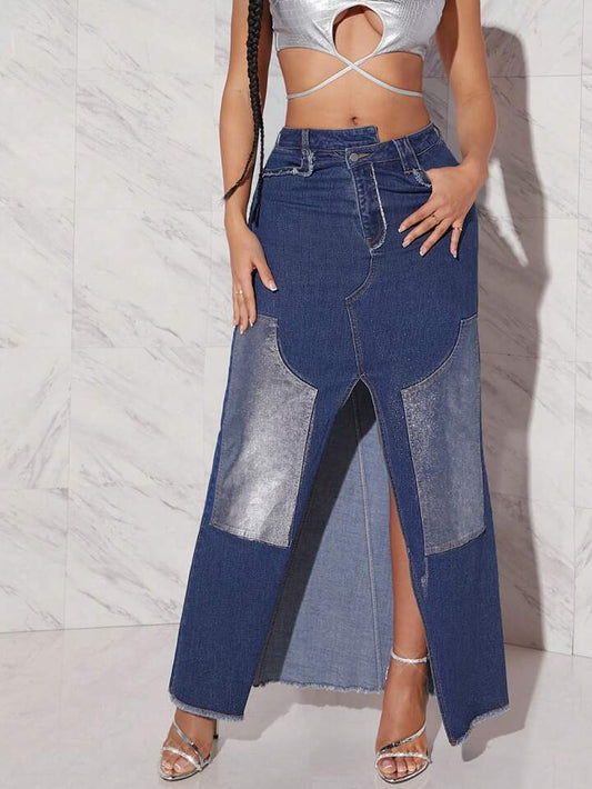CM-BS112001 Women Casual Seoul Style Asymmetrical Waist High Slit Denim Skirt