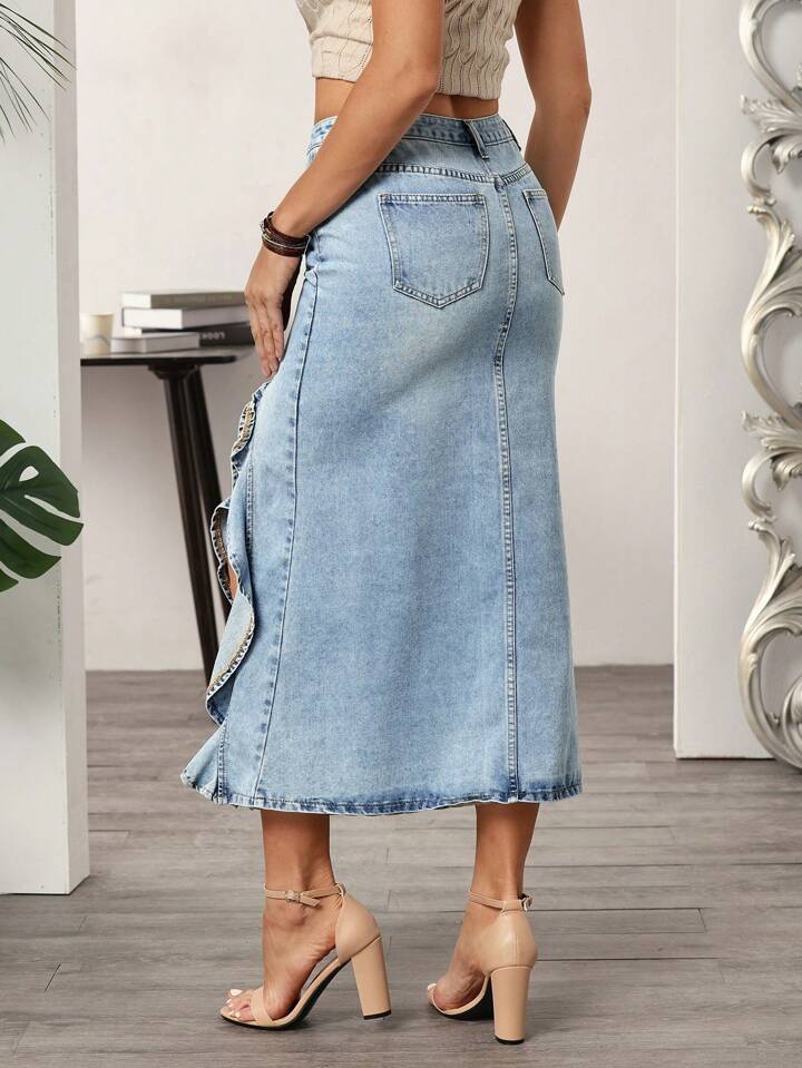 CM-BS589879 Women Casual Seoul Style Washed High Slit Ruffle Hem Denim Skirt - Blue